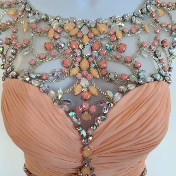 Rachel Allen Chiffon Beaded Illusion Long Prom Evening Dress Style 6934 Apricot - Picture 1 of 15